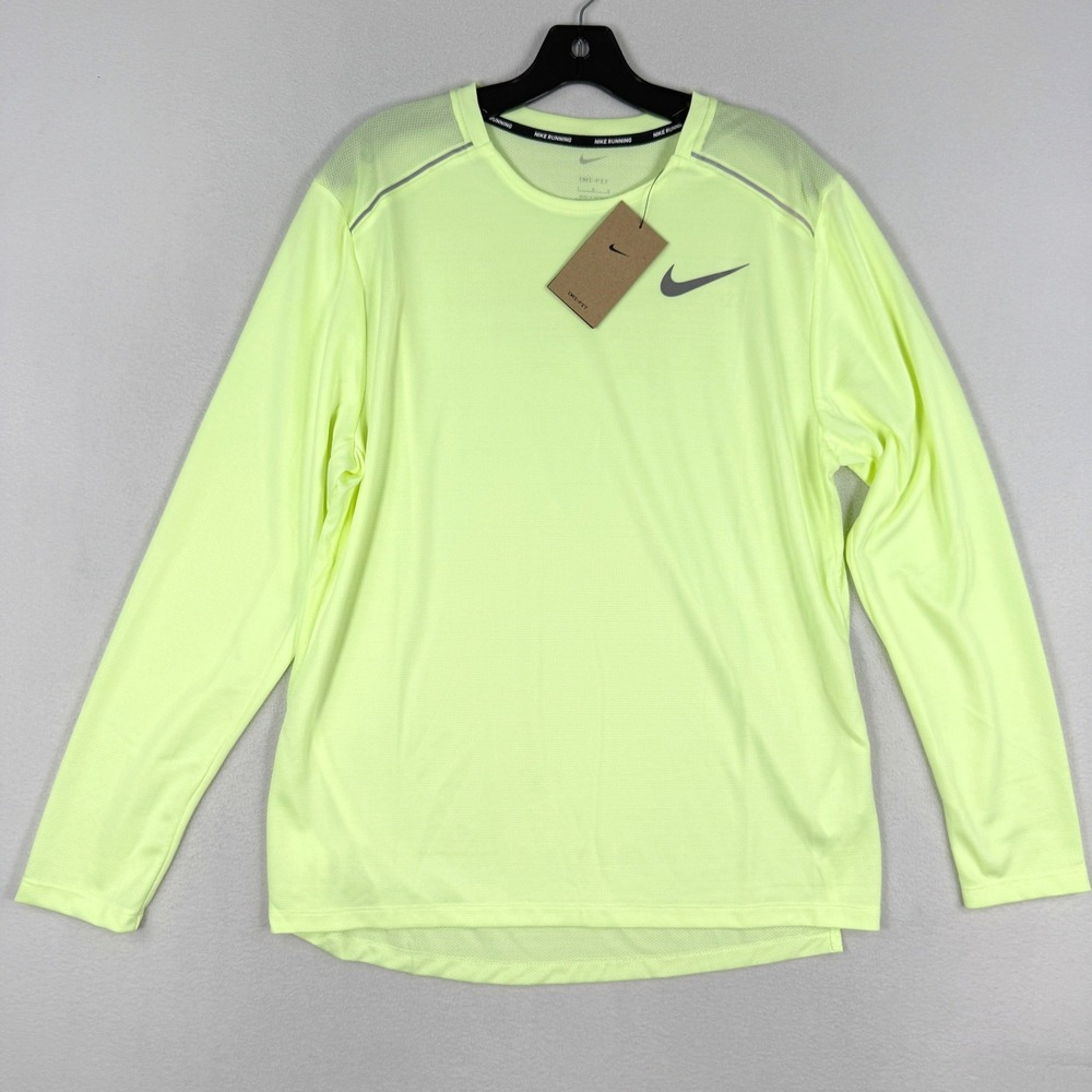 Nike Run Dri-Fti Miler Long Sleeve Size L Mens Barely Volt Yellow AJ7568-703 NEW
